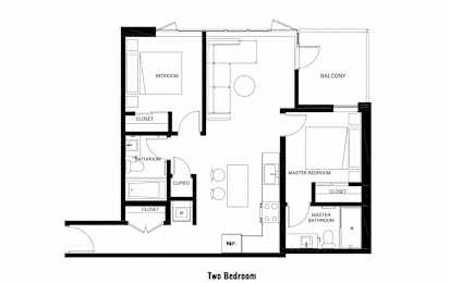 floor plan of the upper level of the apartment with bedroom and bathroom