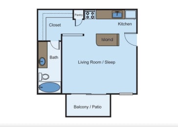 Studio 1 bed A floor plan of a house with a bedroom and a living room at Cityscape, Dallas, TX