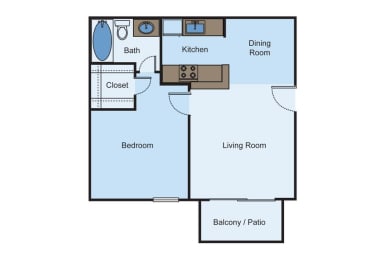 1 bed 1 bath A floor plan of a bedroom apartment with a living room and a dining room at Cityscape, Dallas, TX