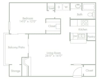1 bed 1 bathroom B at Lakeside Apartments, Dallas, Texas