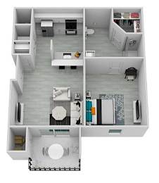 A top down view of a small apartment with a kitchen, living room, and bathroom.