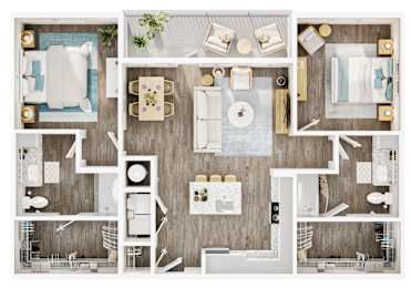 A top-down view of a modern, well-organized apartment with a kitchen, living room, and bathroom. at Allegra at Cocoa in Cocoa, FL, 32926