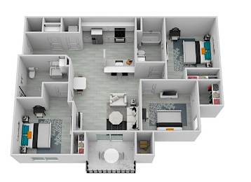 A floor plan of a house with a kitchen, living room, dining room, and bedrooms.