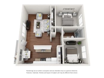 a stylized floor plan with a bedroom and living room