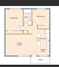 A floor plan of a house with two bedrooms, a living room, a kitchen, a dining area, and a patio.