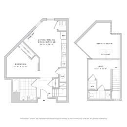 a floor plan of a 1 story apartment with a bedroom and a living room