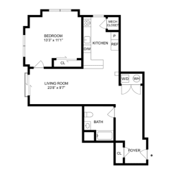 a floor plan of a house with a bedroom and a living room