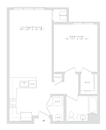 Floor Plan  A floor plan of a small apartment with a living/dining area and a bedroom.