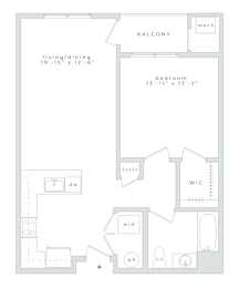 Floor Plan  A floor plan of a balcony, living/dining area, and bedroom.