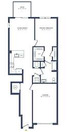 A floor plan of a house with a living room, dining room, kitchen, two bedrooms, and a garage.