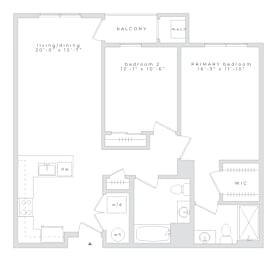 Floor Plan  A floor plan of a home with a living/dining area, two bedrooms, a bathroom, a kitchen, and a workspace.