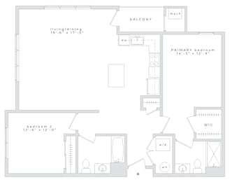 Floor Plan  A floor plan of a house with a living room, two bedrooms, a primary bedroom, a balcony, and a WIC area.
