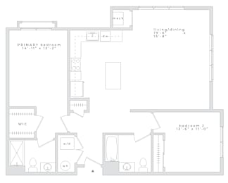 Floor Plan  A floor plan of a house with a living/dining room, primary bedroom, and a bathroom.