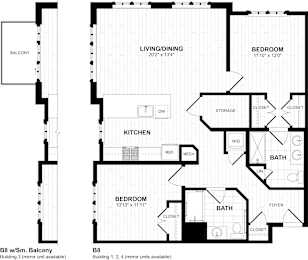 Two bedroom floor plan with dual bathrooms and storage at Inwood at Renaissance Square Apartments, Marlton, NJ