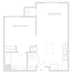 Floor Plan  A floor plan of a small apartment with a sleeping alcove and a living/dining area.