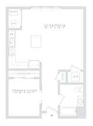 Floor Plan  A floor plan of a small apartment with a sleeping alcove.