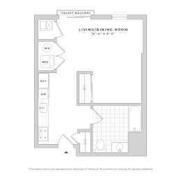 a floor plan of a small apartment with a bedroom and a living room