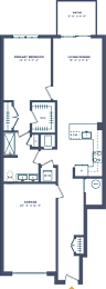 A floor plan of a house with a kitchen, living room, and two bedrooms.