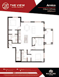Apartment living in a building with 3 bedrooms and 1,054 sq.ft.