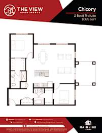 A floor plan for a 2 bedroom trailside apartment at The View Apartments