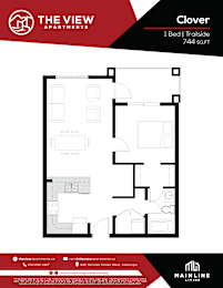 A black and white image of a floor plan for a 1 bedroom apartment.