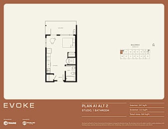 A floor plan for a studio apartment with a kitchen, living room, and bathroom.