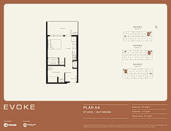 A floor plan for a studio apartment with one bathroom is displayed.