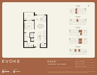 A floor plan for an apartment named EVOKE, Plan B1, with 1 bedroom and 1 bathroom.