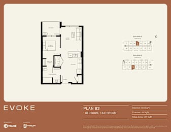 A floor plan for a property named EVOKE shows a living room, dining room, kitchen, and two bathrooms.