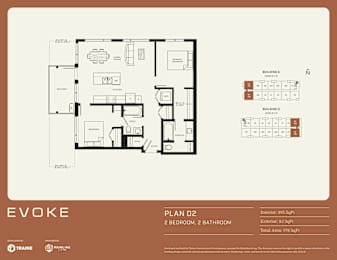 A floor plan for a property named EVOKE shows two bedrooms and two bathrooms.