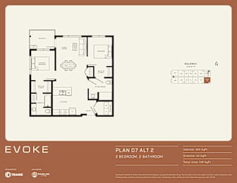 A floor plan for an apartment named EVOKE, Plan D7 Alt 2, with 2 bedrooms and 2 bathrooms.