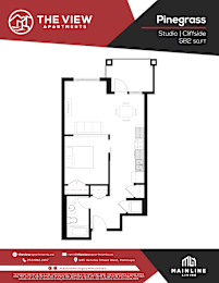 A black and white floor plan for a studio apartment at The View Apartments.