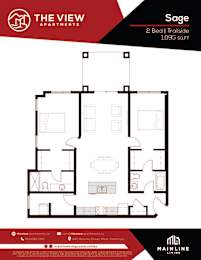 A floor plan for a 2 bedroom, 1,035 sq.ft apartment from Mainline Living.
