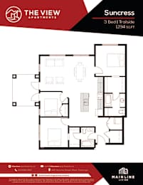 A floor plan for a 3 bedroom, 1194 sq.ft apartment from The View Apartments.