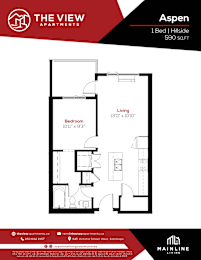 Apartment living room and bedroom layout for a 1 Bedroom Hillside apartment.