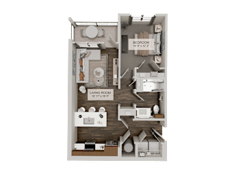 A diagram of a two-bedroom apartment with a living room, kitchen, and bathroom.
