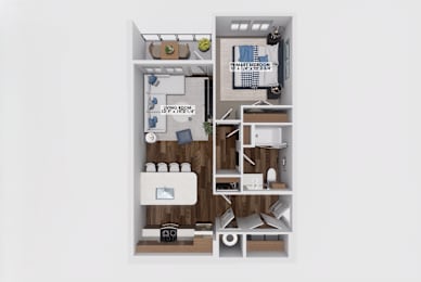 One bedroom apartment 3D floor plan with balcony at The Maverick Luxury Apartments, Colorado, 80132