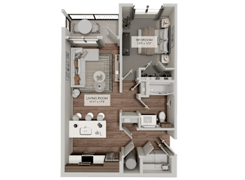 A 3D floor plan of a living room and bedroom.