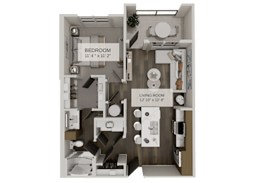 One bedroom apartment floor plan with open layout at The Residences at The Gilmore Apartments, Gilbert, Arizona