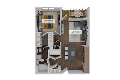A floor plan of a living room, kitchen, and dining area.