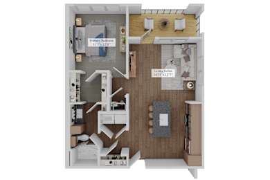 A 3D floor plan of a small apartment with a living room, kitchen, and two bedrooms.