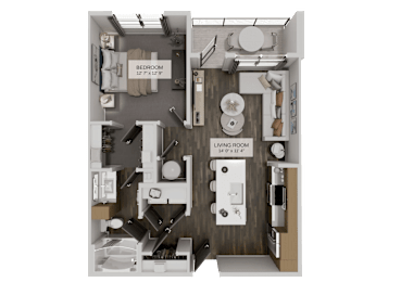 A floor plan of a small apartment with a bedroom and living room.
