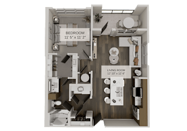 3D floor plan with bedroom and living area at The Residences at The Gilmore Apartments, Arizona, 85297