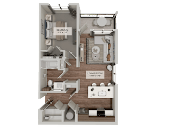 A detailed 3D floor plan of a bedroom and living room apartment.