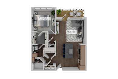 A 3D image of a house layout with a living room, kitchen, and two bedrooms.