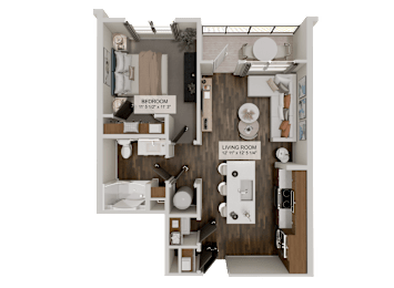 A floor plan of a small apartment with a bedroom and a living room.