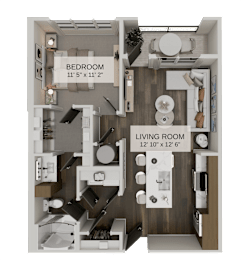 One bedroom apartment floor plan top view at The Residences at The Gilmore Apartments, Gilbert, AZ 85297