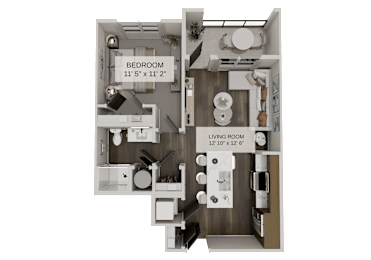 3D floor plan with kitchen and dining room at The Residences at The Gilmore Apartments, Gilbert, AZ