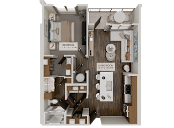 A diagram of a small apartment with a bedroom and living room.