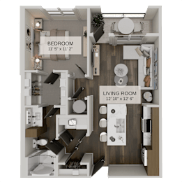 One bedroom floor plan with walk-in closet at The Residences at The Gilmore Apartments, Gilbert, 85297